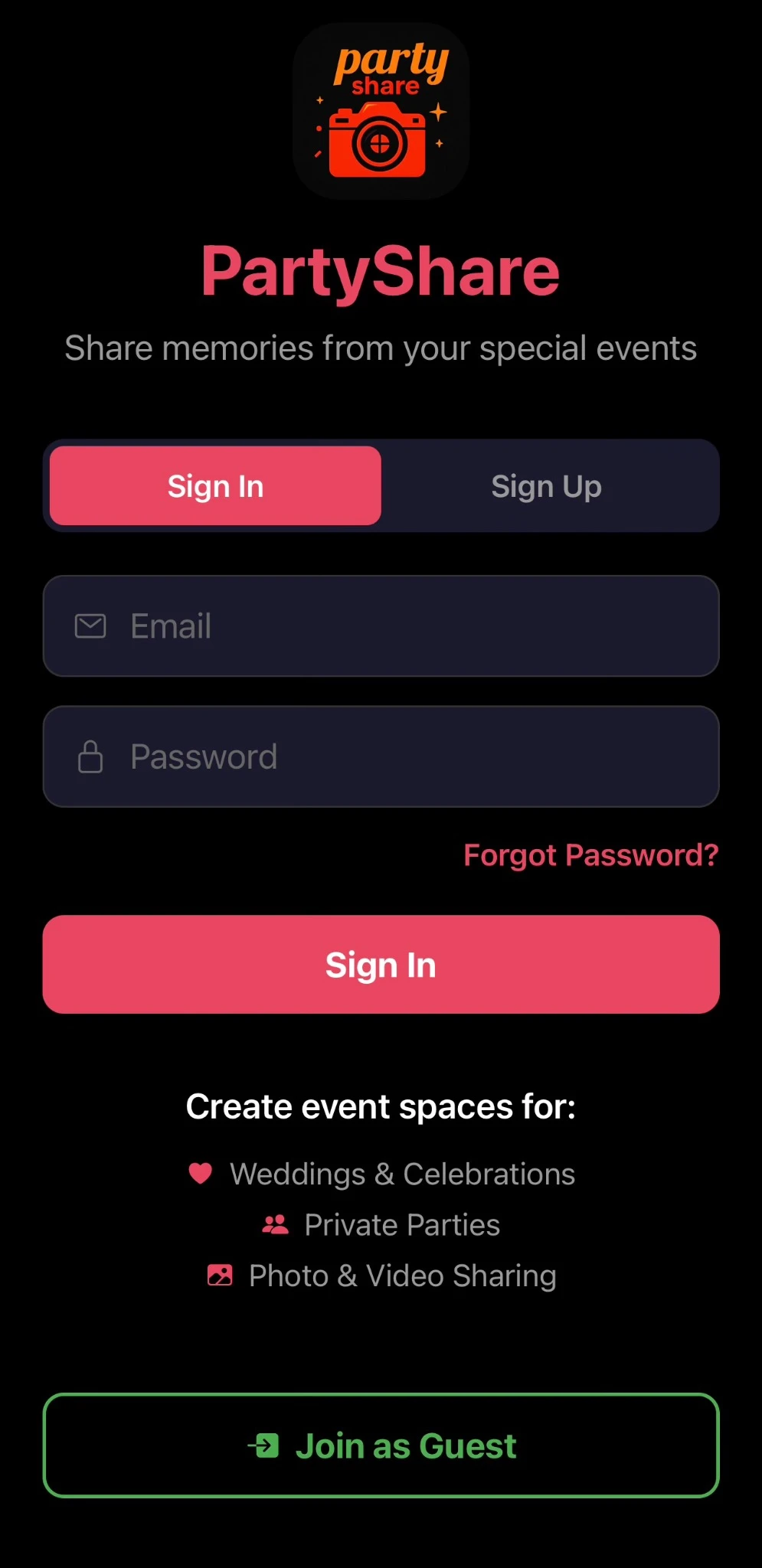 PartyShare login screen